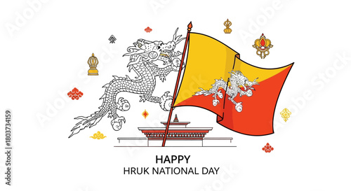 Celebrate Bhutan's Hruk National Day with this vibrant dragon flag design, perfect for cultural events, travel promotions, and patriotic displays showcasing national pride and Bhutanese heritage