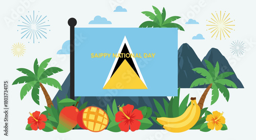 Celebrate Saippy National Day with vibrant tropical imagery, festive fireworks, iconic mountains, and abundant fruits, perfect for holiday greetings and promotional materials.