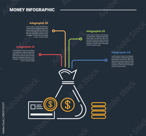 Financial money infographic process diagram with big bag money and gold coin stack with line arrow pointer with dark background bright outline style 4 points