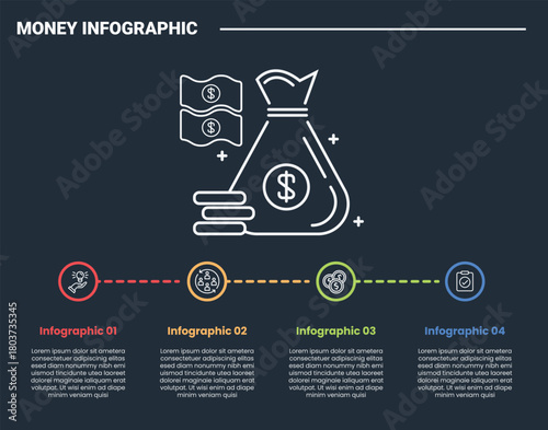 Financial money infographic process diagram with big bag money and circle timeline with dark background bright outline style 4 points