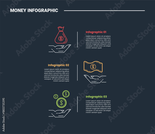 Financial money infographic process diagram with stacked list vertical with opposite position with dark background bright outline style 3 points