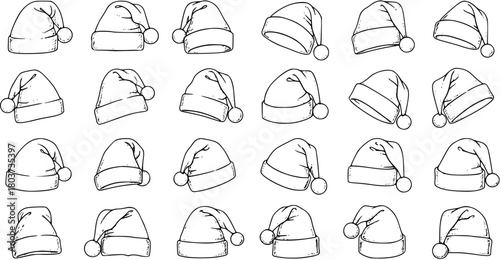 Collection of Hand-Drawn Santa Hats and Nightcaps with Pom-Poms in Various Poses