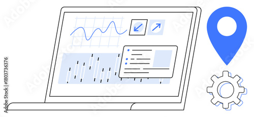 Open laptop displaying analytics charts and reports, accompanied by a blue location pin and a gear. Ideal for data analysis, business strategy, optimization, monitoring, planning, statistics