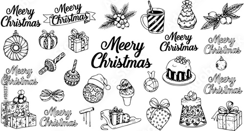 Hand-Drawn Christmas Icons: Festive Ornaments, Gifts, Sweets, and Greetings in Sketch Style