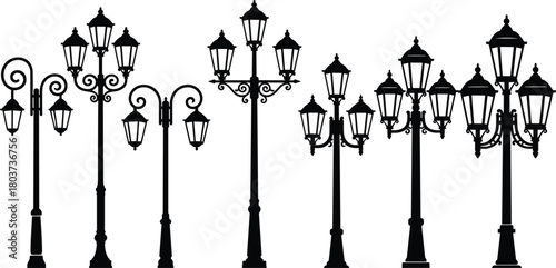 Illustration of collection of vintage street lamps isolated on, showcasing classic designs and architectural details, perfect for adding a touch of nostalgia