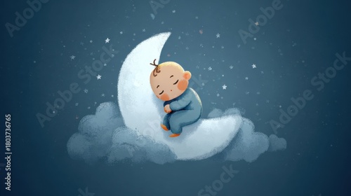 Charming baby peacefully sleeping on a crescent moon surrounded by soft clouds and twinkling stars in a serene night sky