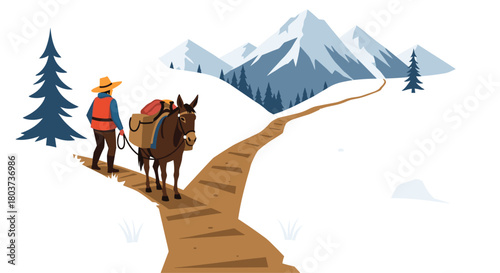Adventurous traveler with pack mule trekking across snowy mountain landscape, vibrant outdoor scenery for travel blogs and adventure promotions