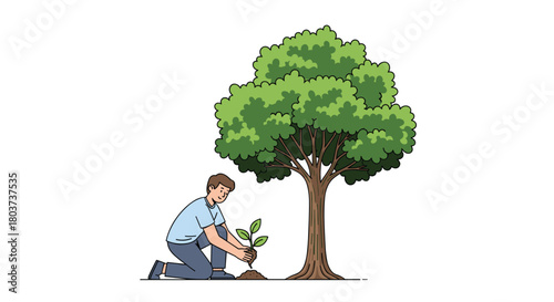 Eco-conscious man planting seedling to grow trees promoting sustainability and environmental awareness for a greener future and fighting climate change