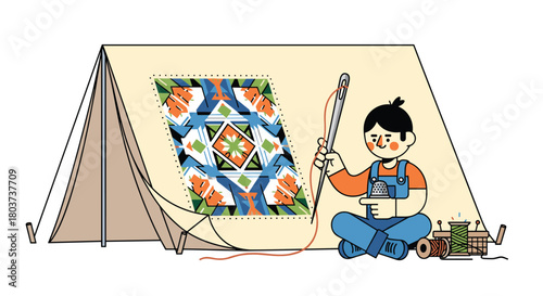 Quirky artisan sewing a vibrant pattern on canvas tent, blending craft with outdoor adventure in a fun, creative lifestyle concept