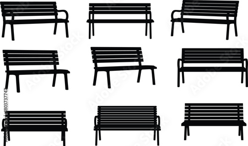 Illustration of a collection of park bench silhouettes isolated on, offering a variety of designs for urban planning, landscape architecture, and recreational spaces