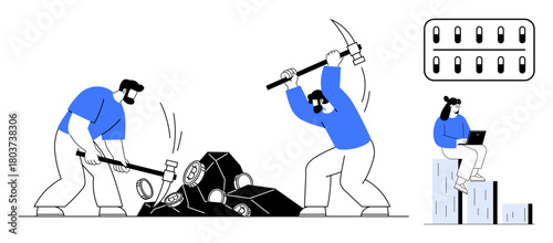 Workers breaking rocks with pickaxe and hammer, laptop user analyzing data. Ideal for cryptocurrency, blockchain, teamwork, digital innovation, data mining, fintech, simple flat metaphor