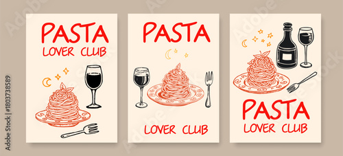 Pasta Lover Club Invitation Set Hand Drawn Style. Pencils Elements of Wine Bottle, Wine Glasses, spaghetti, Cutlery Chalk Sketch Line Drawing Vintage Style. Vector Line Art Pasta Lover Club Invitation