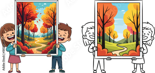 Cartoon illustration of children holding colorful landscape paintings, showing creativity, art appreciation, forest scenery, and playful comparison with black and white artwork