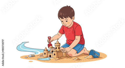 Joyful young boy building an elaborate sandcastle on the beach with a shovel, perfect for summer fun and childhood adventure marketing