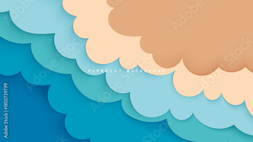 Papercut vector background with soft clouds and sky elements colors