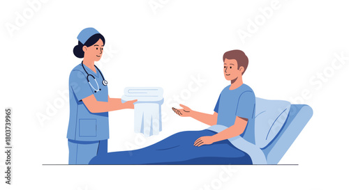 Caring nurse attentively provides comfort to patient recovering in hospital bed, offering fresh linens with a gentle gesture
