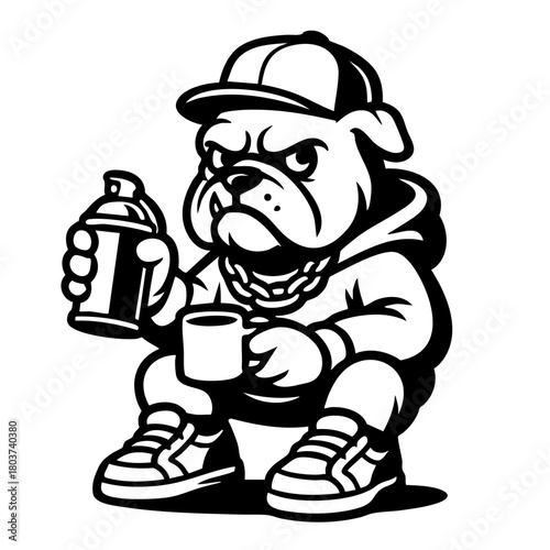 Bulldog Street Artist Sitting with Spray Can Vector Mascot