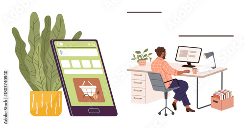 Man at organized home office desk working on computer, smartphone with shopping cart app, plants for decor. Ideal for remote work, e-commerce, online shopping, productivity, technology, business