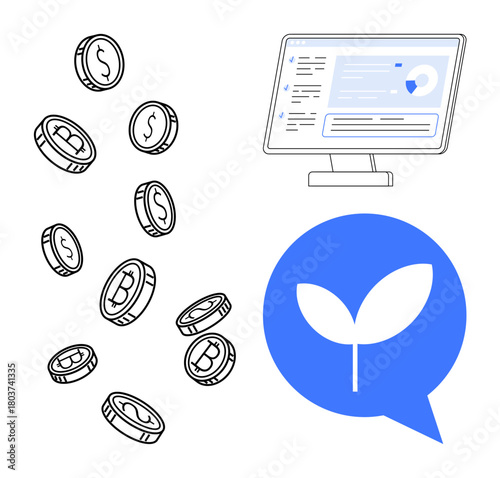 Falling coins represent digital currency, computer screen showcases financial data, and eco leaf icon symbolizes sustainability. Ideal for financial growth, digital economy, eco-investment, fintech