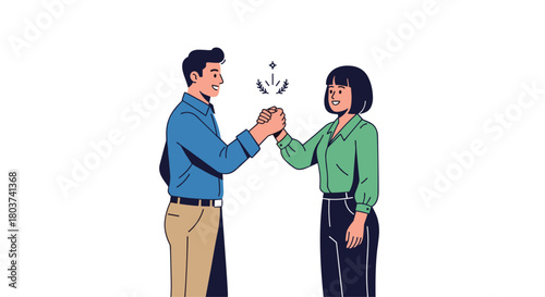 Two smiling colleagues firm handshake signifying successful partnership and shared victory in modern business