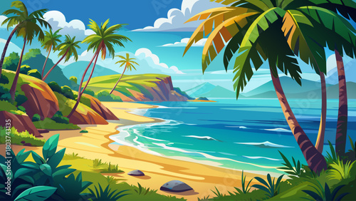 Sunlit Thai coastline with lush palm trees, calm blue sea, and golden sandy beach creating a peaceful tropical escape