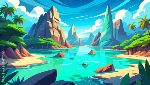 Sunlit turquoise lagoon framed by towering rock formations, peaceful tropical waters reflecting the vibrant blue sky