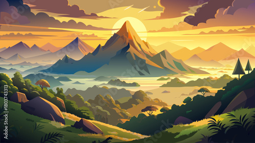 Misty sunrise over Doi Luang Chiang Dao with golden light illuminating the rugged mountain peak and lush green valleys