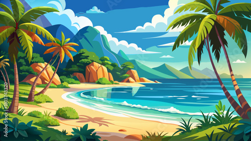 Sunlit Thai coastline with lush palm trees, calm blue sea, and golden sandy beach creating a peaceful tropical escape