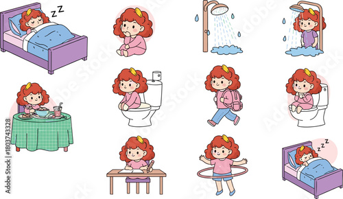 Cartoon girl daily routine, morning to night activities, hygiene, eating, studying, playing, sleeping, child lifestyle, educational sequence, habits
