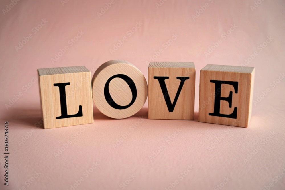Obraz premium Wooden blocks spell out the word love on a soft pink background