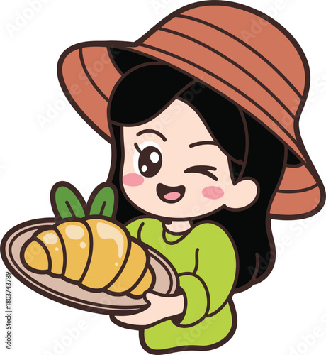 Cartoon person with croissant, smiling character, green shirt, brown hat, food illustration, pastry plate, cute vector, winking face, leaves