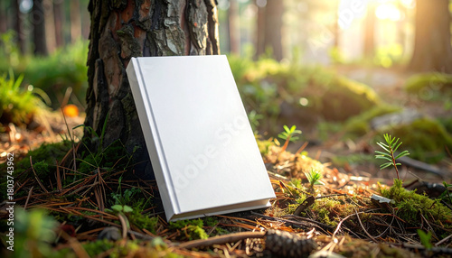 White cover book mockup on Forest Ground