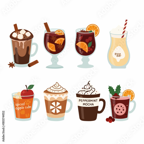 Festive Christmas and Winter Holiday Drinks Vector Set: Hot Chocolate, Mulled Wine, Eggnog, and Spiced Coffee Beverages Illustration.