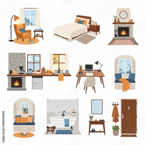 Collection of cozy interior rooms and home decor elements including bedroom, office, fireplace, and bathroom in a modern flat vector style.