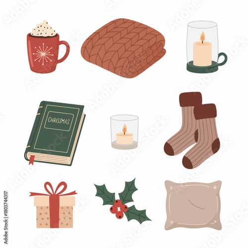 Cozy Winter and Christmas Elements Collection: Hot Cocoa, Knitted Blanket, Socks, Candles, Book, Gift, and Holly Berries Illustration.
