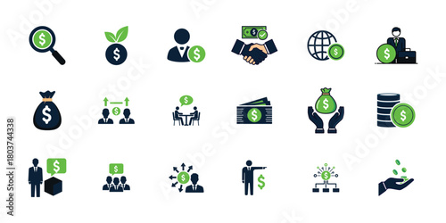 Collection of financial icons representing business growth investment and success