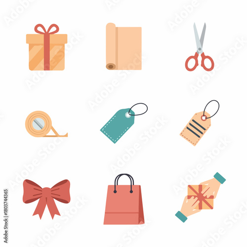 Gift wrapping supplies and retail elements icon set in flat design.