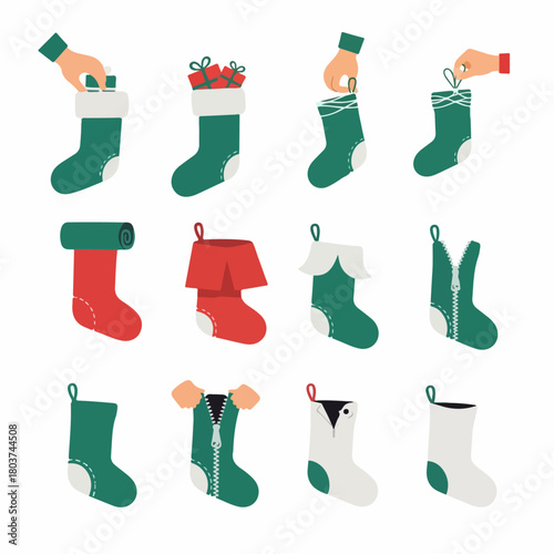 Flat design illustration set of Christmas stockings, including hands filling socks with gifts, zippered and traditional seasonal decorations.