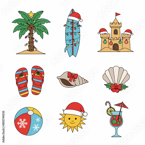 Tropical Christmas icon set featuring beach and holiday elements like decorated palm trees, surfboards, sandcastles, sun, and festive cocktails.