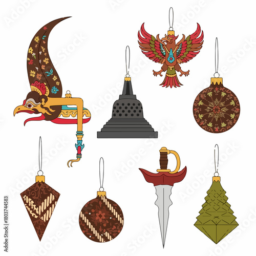 Festive Indonesian Cultural Ornaments: Wayang, Garuda, Keris, Borobudur, and Batik patterns for Christmas decoration.