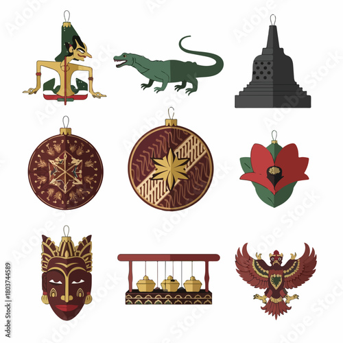 Collection of Indonesian heritage Christmas ornaments with traditional symbols like Wayang puppet, Komodo dragon, Garuda, and Borobudur stupa.