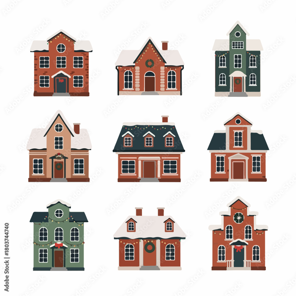 Fototapeta premium Collection of nine cozy European houses and townhomes covered in snow, featuring Christmas wreaths and holiday lights on a white background.