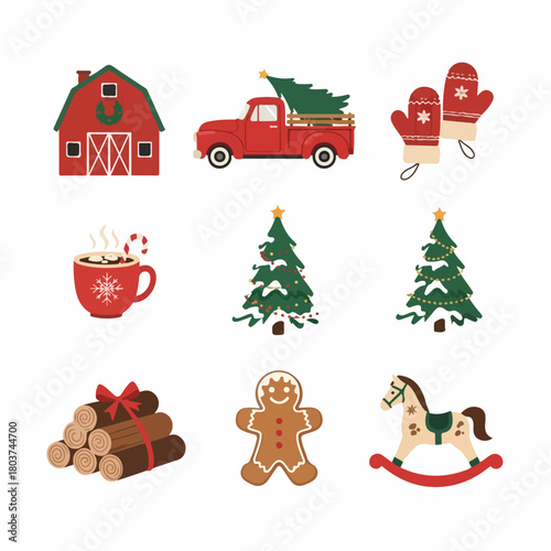 Rustic Christmas Clip Art Bundle with Vintage Truck, Barn, Gingerbread Man, Hot Cocoa, Mittens, and Festive Tree Illustrations.