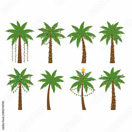 Set of tropical palm trees decorated with colorful Christmas string lights and holiday ornaments on a white background, perfect for warm winter celebrations.