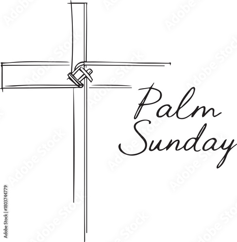 Minimalist cross made of palm leaves with “Palm Sunday” text symbolizing Christian observance and faith