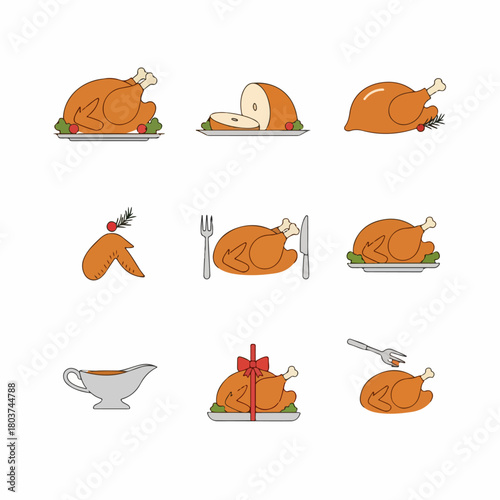 A collection of cartoon icons featuring roasted turkey, chicken, ham, gravy, and carving tools, representing holiday meals and festive dining elements.