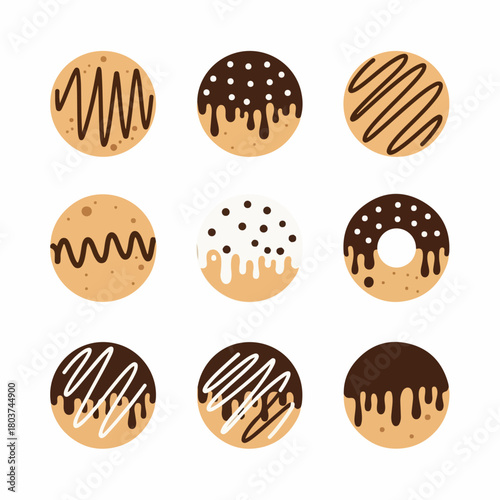 Nine stylized round dessert icons featuring chocolate and vanilla glaze, drizzles, and sprinkles, isolated on a white background.