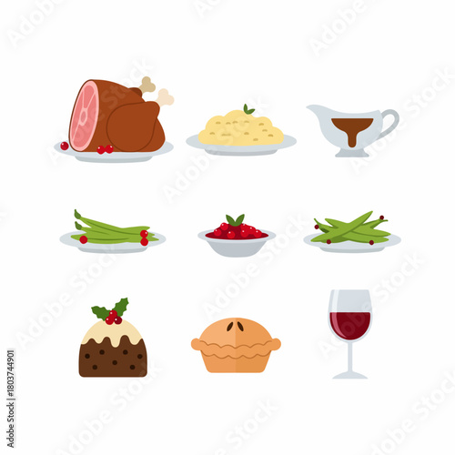 Traditional Holiday Dinner Icons Set: Roasted Ham, Mashed Potatoes, Cranberry Sauce, Vegetables, Pie, Pudding, and Wine.