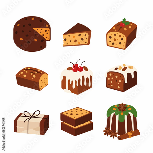 Festive Holiday Cakes and Sweet Baked Goods Vector Set, featuring fruitcake, chocolate, and pudding desserts on a white background.