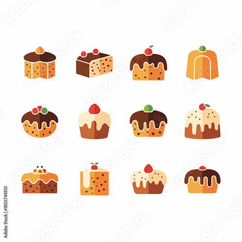 Set of 12 flat design vector icons featuring various sweet baked goods, including cakes, cupcakes, and desserts, isolated on white.